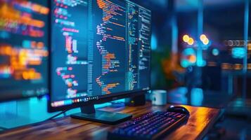 A vibrant scene of a coder's workstation, showcasing software code on a monitor. photo