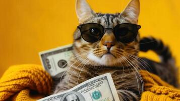 A cool tabby cat wearing sunglasses and holding money, looking rich on a yellow background. photo