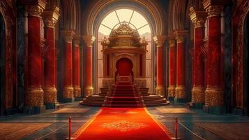 An opulent throne room with red pillars, a grand throne, and a luxurious carpet welcoming visitors. photo