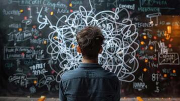 Rear view of a man contemplating a complex chalkboard filled with notes and scribbles. photo