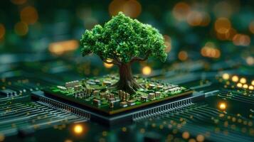 A vibrant tree flourishes from a computer circuit, merging nature and technology visually. photo