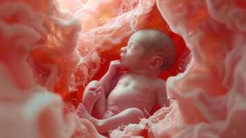 A serene depiction of a fetus, gracefully positioned within the protective womb environment. photo