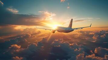 A commercial airplane flies through a vibrant, golden sunset sky, surrounded by clouds. photo