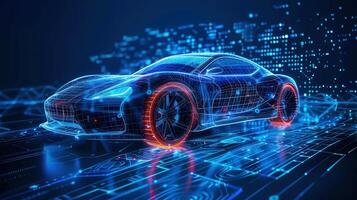 An eye-catching digital illustration of a futuristic car with glowing wireframe details. photo