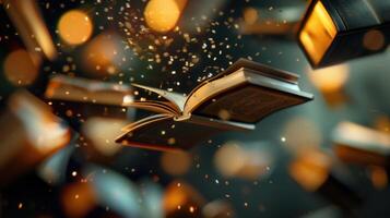 An ethereal and beautiful image of floating open books surrounded by golden sparkles and bokeh. photo