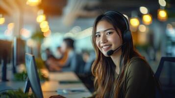 A friendly Asian customer service agent smiles while assisting a client at her workplace. photo