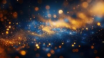 Abstract art displays glowing bokeh lights in gold and blue, creating a dreamy scene. photo