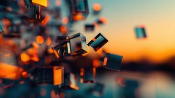Abstract composition featuring floating glass cubes with a soft background and vibrant bokeh. photo