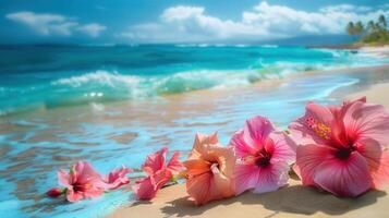 Beautiful pink hibiscus flowers on a sandy beach with the turquoise ocean in the background. photo