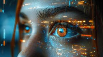 A detailed shot of a person's eye with digital circuits overlaid, showcasing AI technology. photo