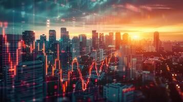 A dynamic cityscape is overlaid with financial data during a beautiful sunset, illustrating market concepts. photo