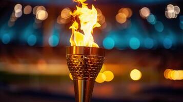 The Olympic torch burns brightly, symbolizing the spirit of competition and unity in the stadium. photo