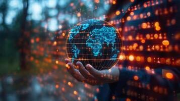 A hand holds a glowing digital globe, representing global network communication and technology. photo