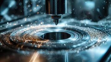 A close-up of a machining process with a drill bit creating metal shavings and sparks. photo