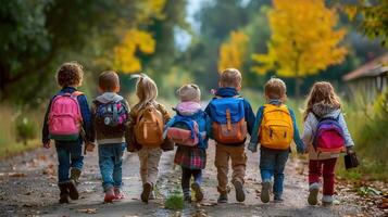A delightful group of kids with backpacks stroll down a path towards school on a sunny day. photo