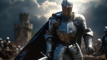 A valiant knight, fully armored, poised with a sword in a medieval battle scene. photo