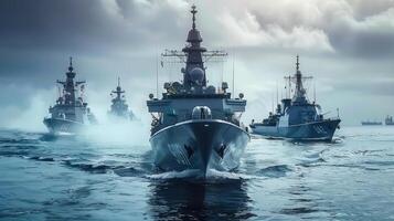 A powerful naval fleet sails across the ocean under a dramatic, overcast sky, showing power. photo