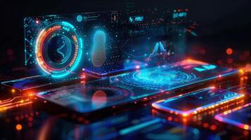 A stunning digital art piece showcasing a futuristic tech interface with neon lighting. photo