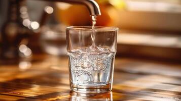 A glass of water is being filled by a tap, showing refreshing hydration with purity. photo