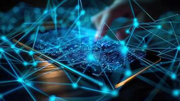 A person's hand interacting with a tablet, a network of data flowing throughout. photo