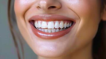 A close-up portrait of a woman's radiant smile, showcasing perfect white teeth and luscious lips. photo