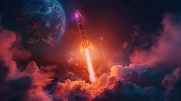 A radiant rocket ascends into the night sky, passing the Earth and leaving a vapor trail. photo
