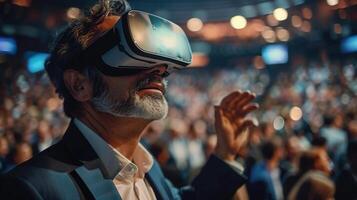 A man wearing a vr headset, experiencing virtual reality in a large, crowded event. photo