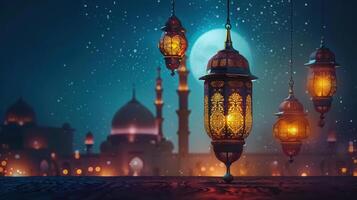 Decorative lanterns hang in front of a mosque under a starry night sky during a festival. photo