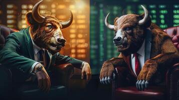 A bull and a bear in a luxurious setting, representing the ups and downs of the market. photo