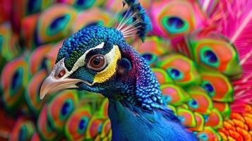 Close-up of a beautiful peacock with vibrant, iridescent feathers on display. photo