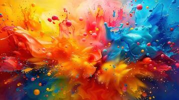A vibrant explosion of colorful paint bursts across the image, creating a dynamic, abstract scene. photo