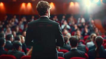 A businessman giving a speech to an audience at a conference or presentation. photo