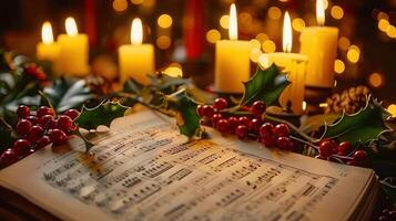 A warm and inviting holiday scene, showcasing lit candles, sheet music, and holly berries. photo