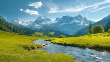 A picturesque view of mountains with a flowing river and a vibrant green meadow. photo