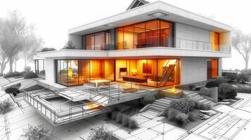 A stunning modern architectural rendering showcasing a luxurious home, featuring open design and sleek lines. photo