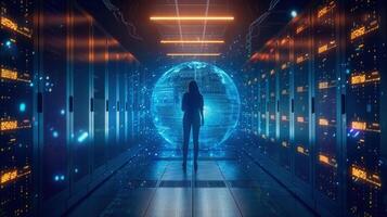 A silhouette of a woman contemplating a digital sphere in a high-tech server room setting. photo