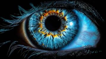 Intricate details of a vibrant blue human eye in a mesmerizing macro close-up shot. photo