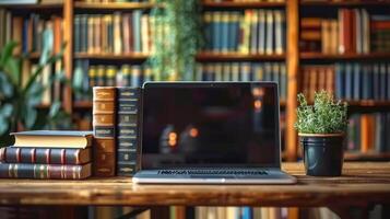 A laptop and books on a wooden desk, with a backdrop of a library's bookshelves. photo