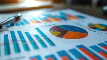Financial reports with diverse charts and graphs, displaying data and business performance in detail. photo