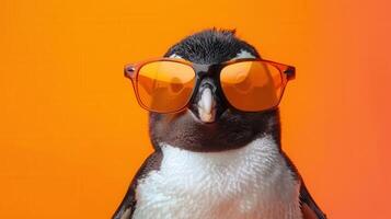 A charming penguin with cool orange sunglasses strikes a pose on a bright, eye-catching background. photo
