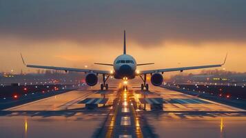An airplane sits on the runway, illuminated with lights, at dusk before preparing for takeoff. photo