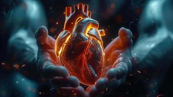 A glowing, realistic human heart gently held in open hands with a dark background. photo