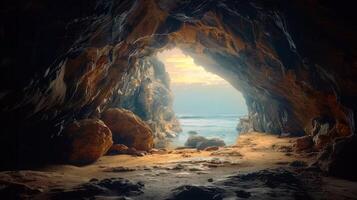 An opening in a coastal cave provides a view of the ocean under the sunset. photo