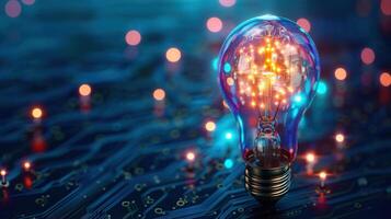 An illuminated lightbulb signifies innovation, technology, and ideas within a modern design. photo
