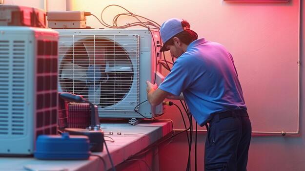 A skilled HVAC technician works on an air conditioning unit, ensuring proper functionality. photo