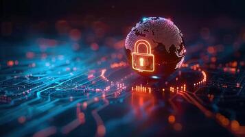 An illuminated lock hovers above the globe, representing data protection and cybersecurity. photo