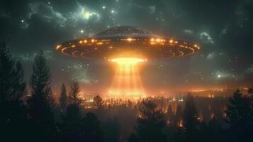 A mesmerizing image depicting a ufo descending over a forest with city lights beneath the starry night sky. photo