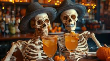 Two skeleton cowboys with hats at the bar enjoy orange cocktails for a Halloween party. photo