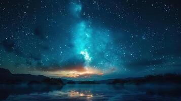 Captivating night sky illuminates a tranquil lake with a mesmerizing cosmic display. photo