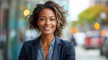A stylish and confident businesswoman smiles, looking at the camera in an outdoor setting. photo